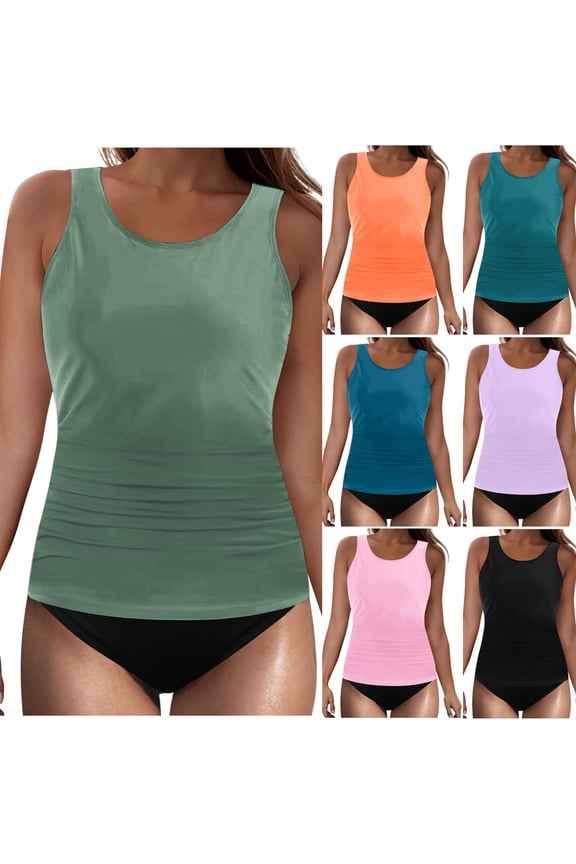 Women's Solid Color Crew Neck Bikini Top and Bottom Set with Padded Army Green,S