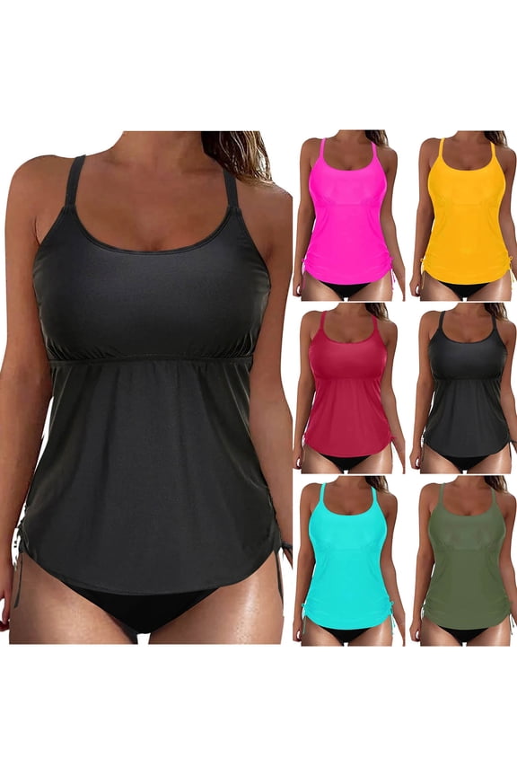 Women's Solid Color Crew Neck Bikini Top and Bottom Set with Padded Yellow,S
