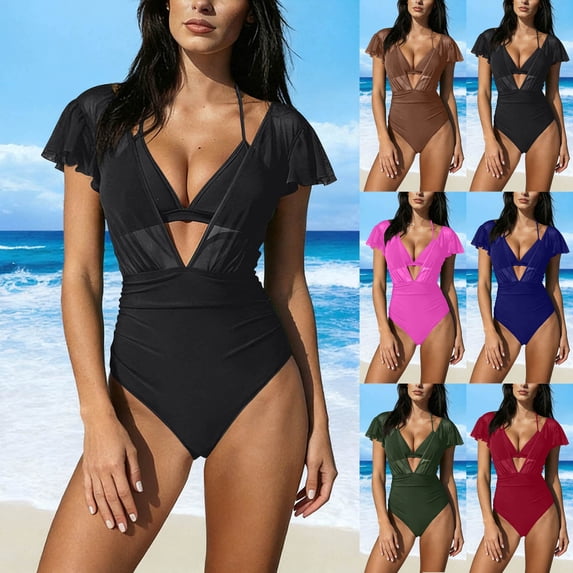 SROBPTY Women's Solid Color Patchwork Hollow Out Backless Swimsuit with Padded Red,S