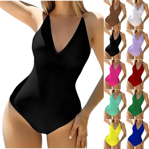 SROBPTY Women's Solid Color V Neck Bikini Swimsuit Bathing Suit Hot Pink,S