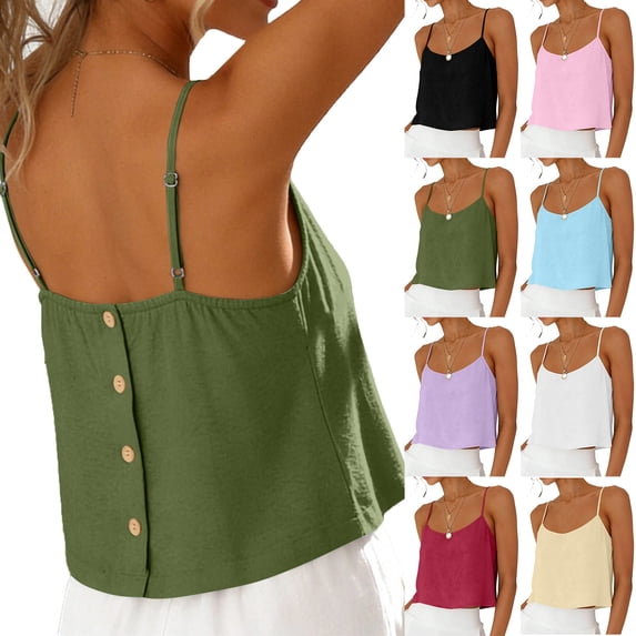 SROBPTY Womens Tank Tops Solid Cami Round Neck Button Shirts for Casual Use