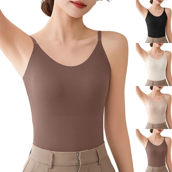 SROBPTY Womens Tank Tops Solid Cami V Neck Padded Adjustable Strap Shirts for Everyday Wear