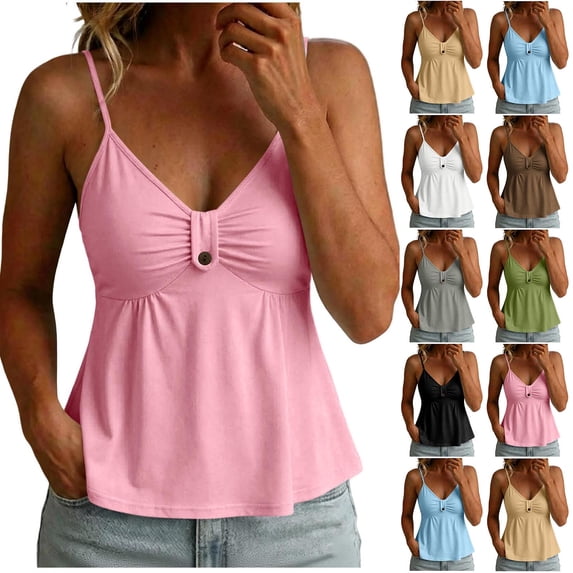 SROBPTY Womens Tank Tops Solid Cami V Neck Padded Adjustable Strap Shirts for Summer