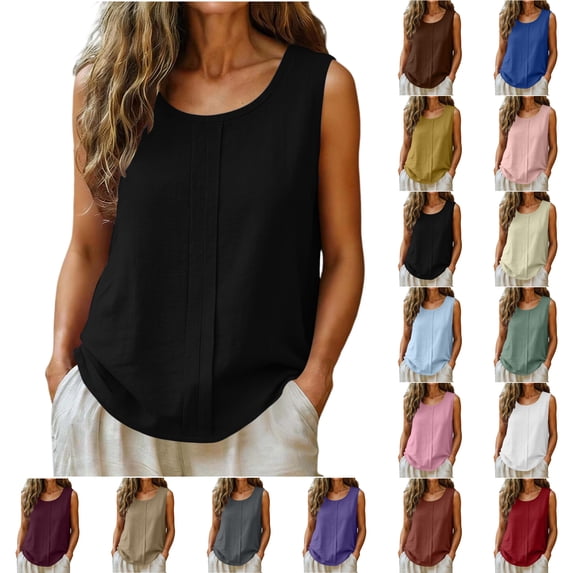 SROBPTY Womens Tank Tops Solid Fashion Round Neck Sleeveless Pleats Summer Shirts for Daily Use