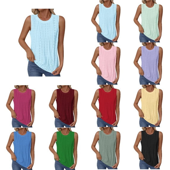 SROBPTY Womens Tank Tops Solid Crew Neck Sleeveless Pleats Summer Shirts for Casual Wear