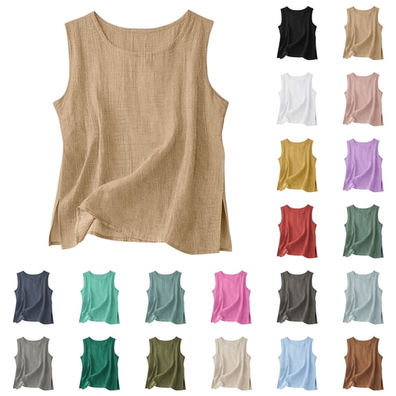 SROBPTY Womens Tank Tops Solid Round Neck Sleeveless Side Slit Loose Summer Shirts