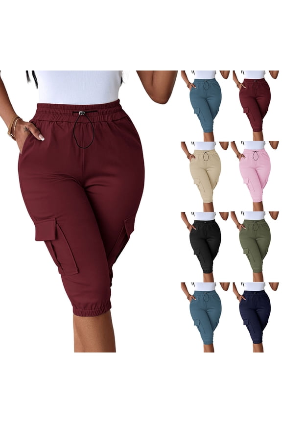 Womens Cargo Shorts Solid Elastic High Waist Drawstring with Pockets Summer Pants