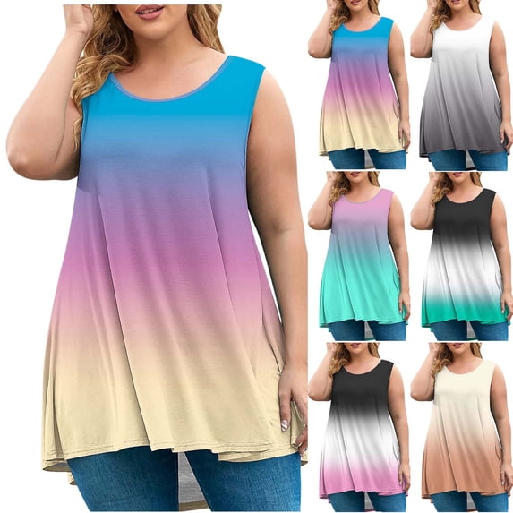 SROBPTY Womens Casual Tunic, Tank Tops for Women, Women's Plus Size Loose Gradient Printed Sleeveless Tank Top Sky Blue,L