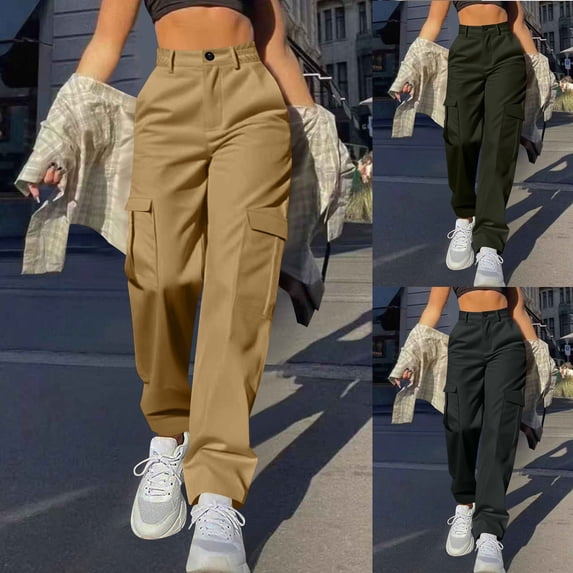 SROBPTY Womens Fall Pants, Cargo Pants for Women, Women's Solid Color Casual Straight Leg Button Work Pants with Pocket Khaki,M