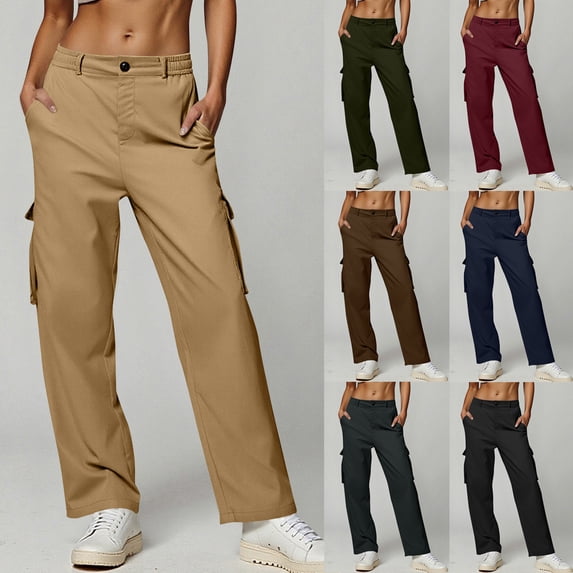 SROBPTY Womens Cargo Pants Solid Casual Straight Leg Button Work Pants with Pocket