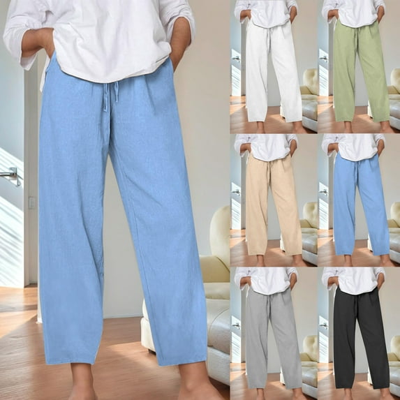 SROBPTY Womens Fall Pants, Linen Pants for Women, Women's Casual Linen Solid Color Lace up Straight Leg Cropped Pants Gray,M