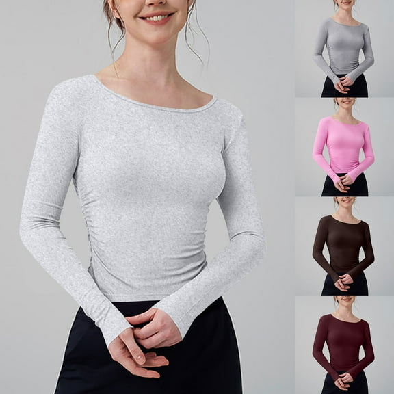 SROBPTY Womens Fall Top, Long Sleeve Shirts for Women, Women's Fashion Casual Long Sleeve Round Neck Comfortable Shirt Top Dark Gray,L