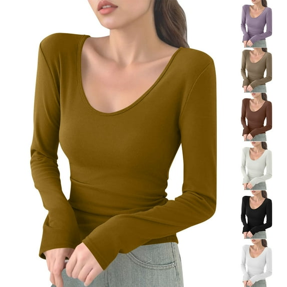 SROBPTY Womens Fall Top, Long Sleeve Shirts for Women, Women's Fashion Casual Solid Round Neck Long Sleeve T-shirt Top Purple,S