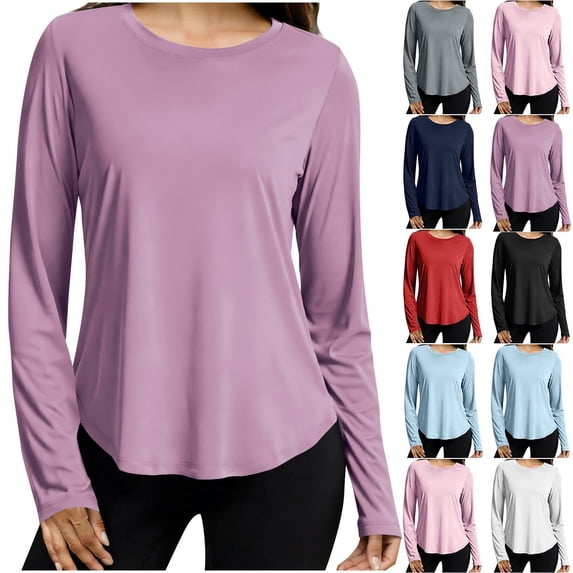 SROBPTY Womens Fall Top Solid Crew Neck Long Sleeve Sport Sun Protection Shirts