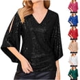 thumbnail image 1 of SROBPTY Womens Fall Top Solid V Neck 3-4 Sleeve Sequin Party Shirts, 1 of 4