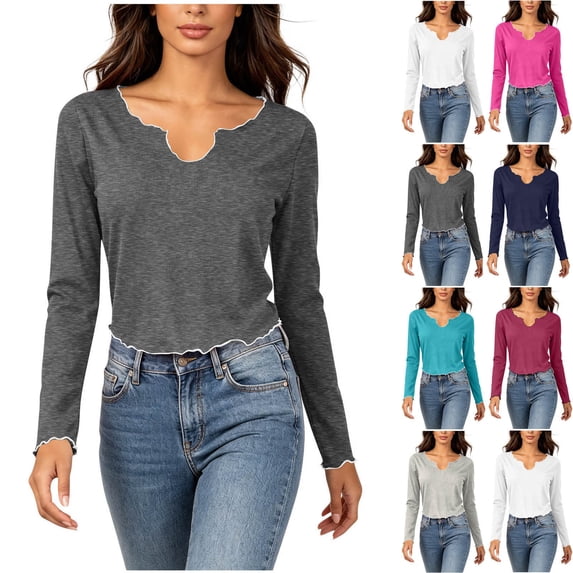 SROBPTY Womens Fall Top Solid V-Neck Long Sleeve Sport Ruffle Shirts