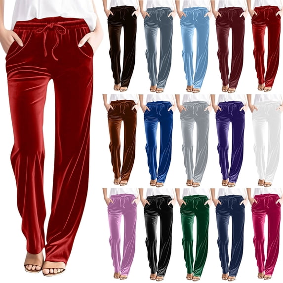 SROBPTY Womens Fall Winter Pants Solid Drawstring Wide-Leg Bottoms with Pocket