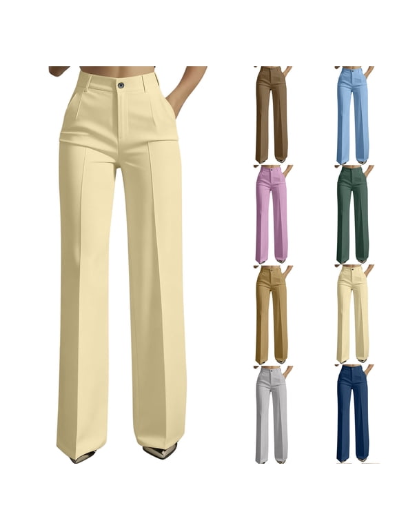 Womens Fall Winter Trousers Straight Leg High Waist Button Solid with Pocket Dress Pants
