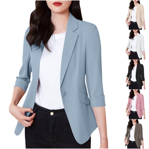 SROBPTY Womens Fall Winter Bsiness Jacket Lapel Button Front 3/4 Sleeve Solid Faux Pocket Blazer Outerwear