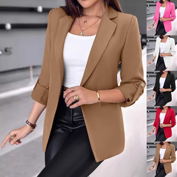 SROBPTY Womens Fall Winter Bsiness Jacket No Button Solid Blazer Casual Outerwear