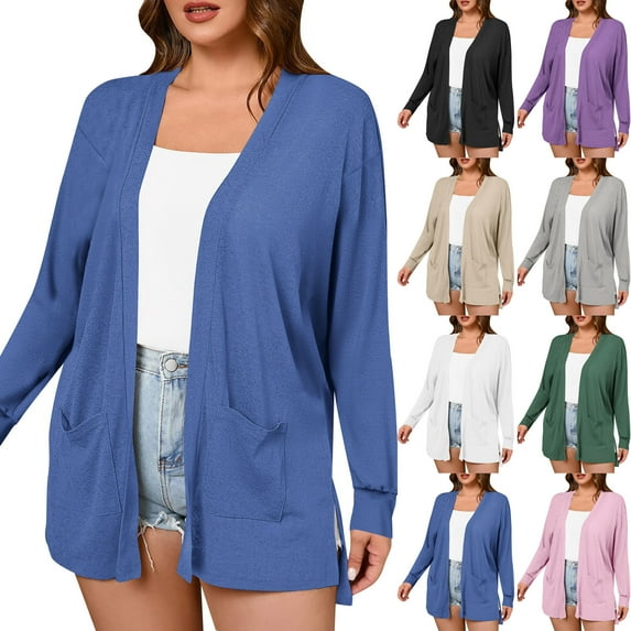 SROBPTY Womens Jackets, Cardigans for Women, Women's Casual Solid Long Sleeve Tops Blouse Cardigan Coat with Pocket Blue,M