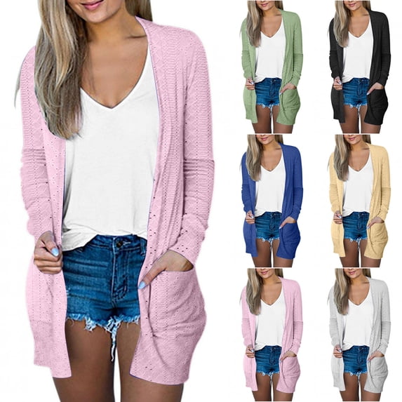 SROBPTY Womens Jackets, Cardigans for Women, Women's Solid Long Sleeve Casual Blouse Cardigan Outwear with Pocket Yellow,L