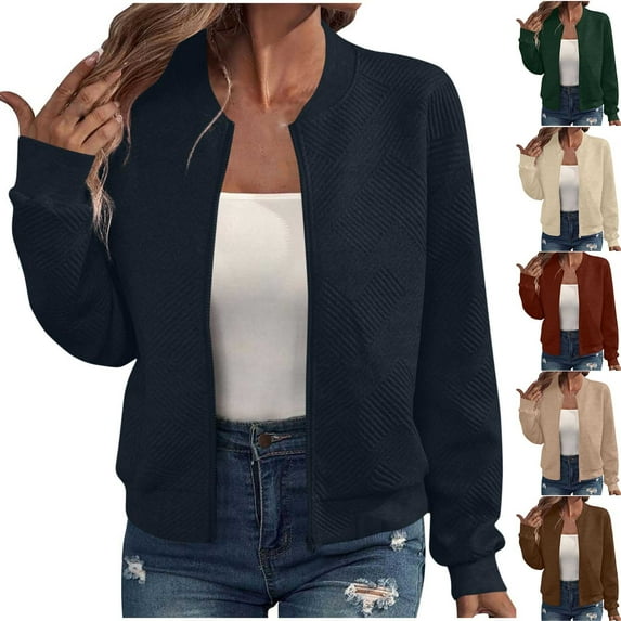 SROBPTY Womens Jackets, Casual Jackets for Women, Women's Casual Solid Long Sleeve Zipper Jacket Top Coffee,XL