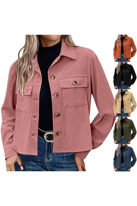 Womens Jackets, Casual Jackets for Women, Womens Fashion Solid Long Sleeve Corduroy Cropped Shirts Jackets Orange,M