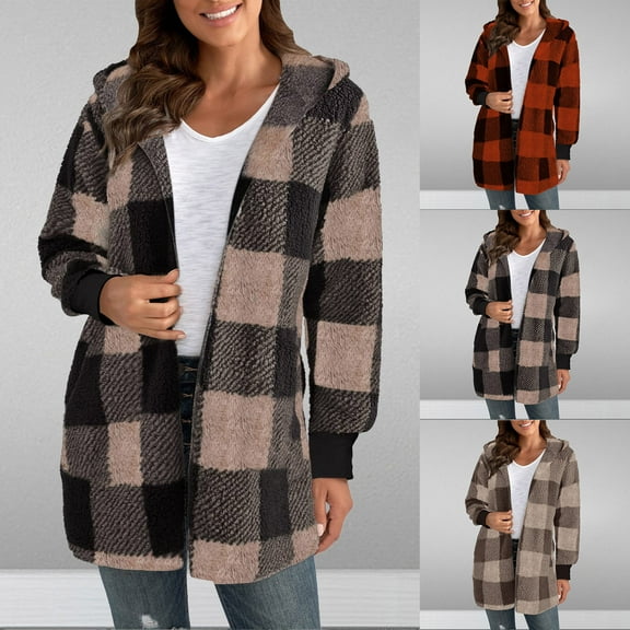 SROBPTY Womens Jackets, Fleece Jackets for Women, Women Long Sleeve Plaid Oversized Jacket Winter Coat Black,L