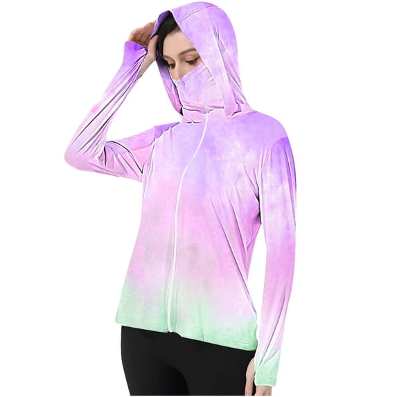 SROBPTY Womens Jackets, Hooded Jackets for Women, Ladies Gradient Printed Long Sleeve Hooded Thumb Buckle Sun Protection Jackets Multicolor,L