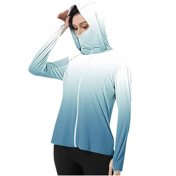 SROBPTY Womens Jackets, Hooded Jackets for Women, Ladies Gradient Printed Long Sleeve Hooded Thumb Buckle Sun Protection Jackets Multicolor,L