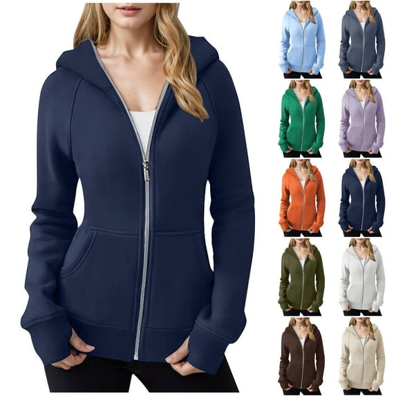 SROBPTY Womens Jackets, Hooded Jackets for Women, Women Zipper Neck Long Sleeve Solid Hooded Blouse Pockets Sweatshirt Gray,L