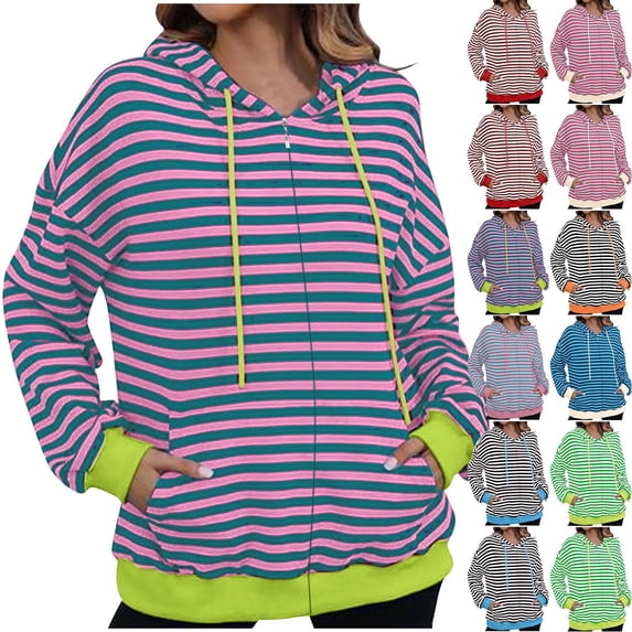 SROBPTY Womens Jackets, Hooded Jackets for Women, Women's Striped Printed Long Sleeve Zippered Hooded Casual Jacket Watermelon Red,XL