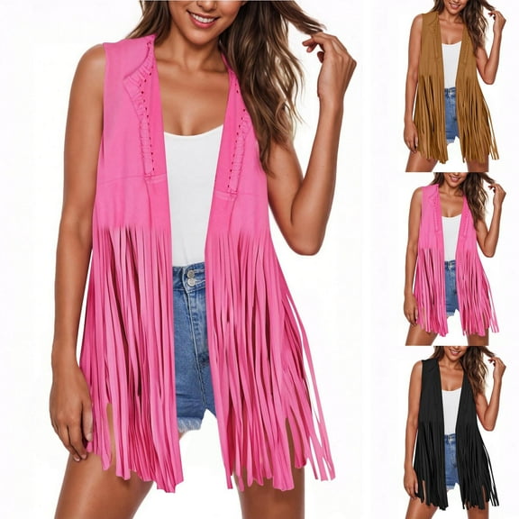 SROBPTY Womens Jackets, Sleeveless Jackets for Women, Women Sleeveless Solid Long Length Outerwear Tassels Cardigan Brown,XXL