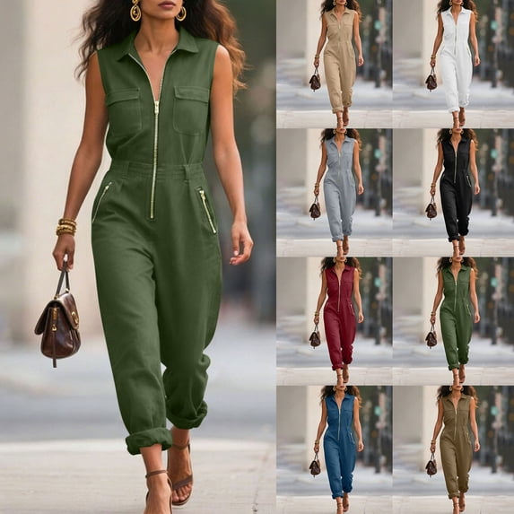 SROBPTY Womens Jumpsuits Solid Sleeveless Collared Zip with Pockets Cargo Long Rompers