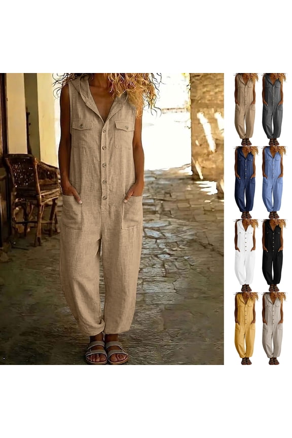 Womens Jumpsuits Solid Sleeveless Crew Neck Hooded Button Cargo with Pockets Multiple Long Rompers