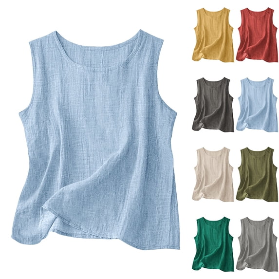 SROBPTY Womens Linen Pullover, Tank Tops for Women, Women's Solid Crew Neck Loose Sleeveless Basic Fashion Tank Top Green,M