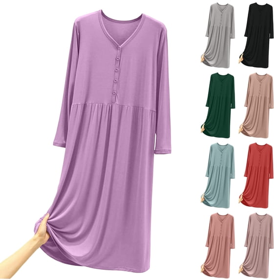 SROBPTY Womens Nightgowns Solid Long Sleeve Crew Neck Button Down Long Sleepshirts