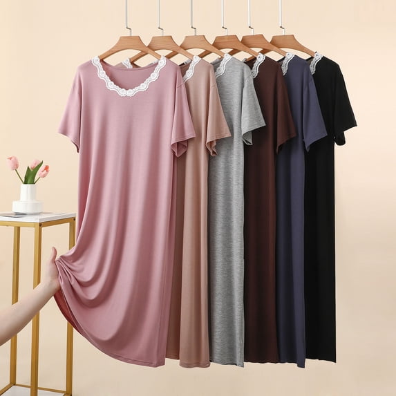 SROBPTY Womens Nightgowns Solid Short Sleeve Crew Neck Lace Sleepshirts