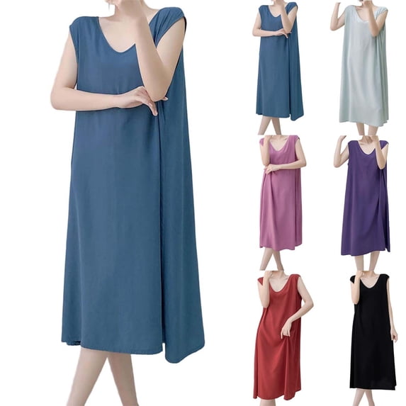 SROBPTY Womens Nightgowns Solid Sleeveless Crew Neck Plus Size Long Sleepshirts