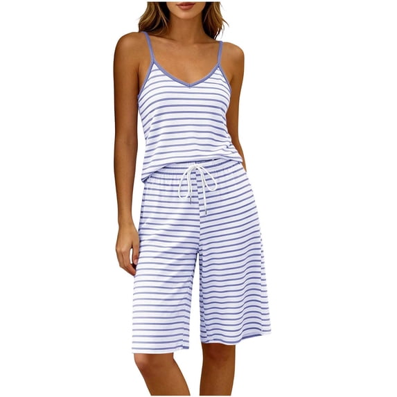 SROBPTY Womens Pajama Set Print Crew Neck Sleeveless Tops Sleepwear Shorts