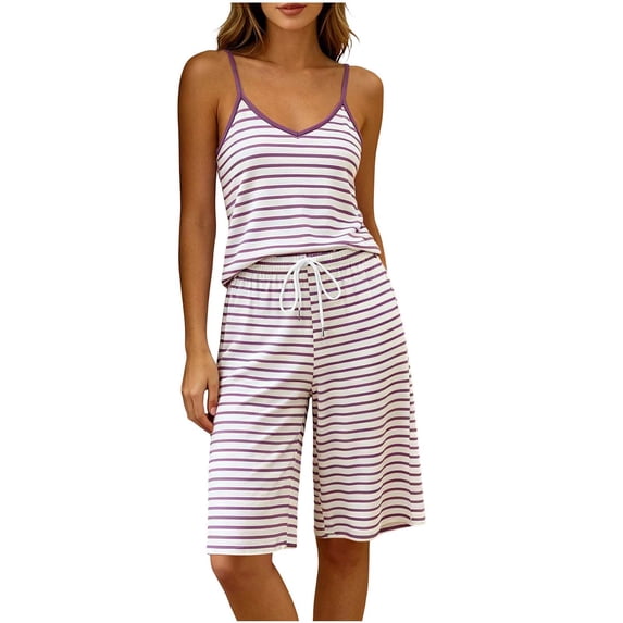 SROBPTY Womens Pajama Set Print Crew Neck Sleeveless Tops Sleepwear Shorts
