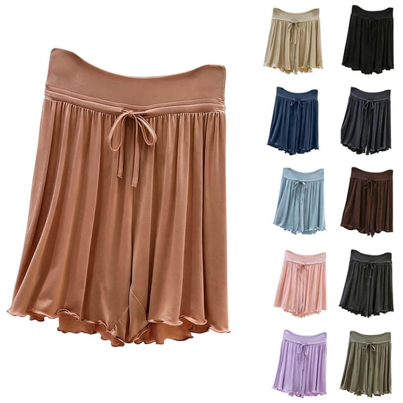 SROBPTY Womens Pajama Shorts Solid Drawstring Elastic High Waist Wide Leg Pants