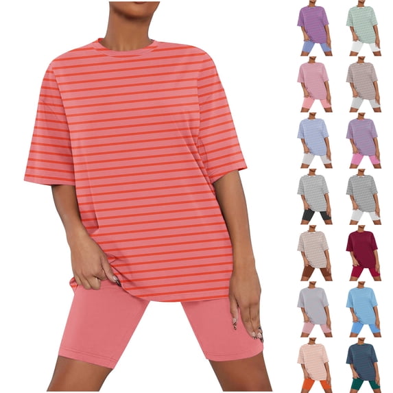 SROBPTY Womens Summer Pajamas Set Print Crew Neck Short Sleeve Tops Striped Shorts Sleepwear