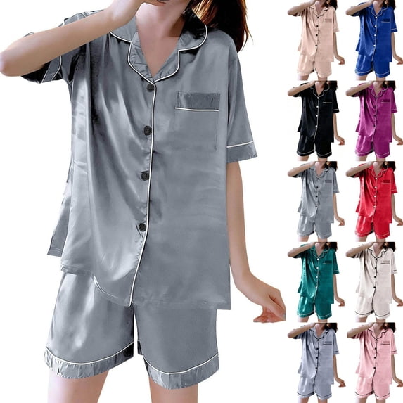 SROBPTY Womens Pajamas Set Solid Short Sleeve Button Down Tops Shorts Sleepwear