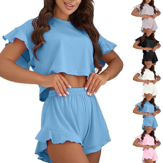 SROBPTY Womens Pajamas Set Solid Short Sleeve Crew Neck Tops Shorts Sleepwear