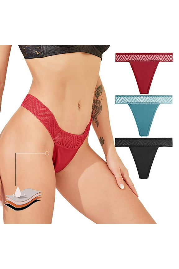 Womens Panties Solid Mid Waist Lace Period Protection Thong Briefs