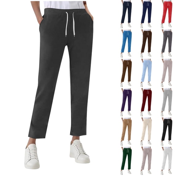 SROBPTY Womens Pants Solid Elastic Waist Straight-Leg Drawstring with Pockets Jogger Long Trousers for Outdoor Wear