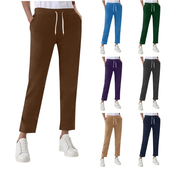 SROBPTY Womens Pants Solid Elastic Waist Straight-Leg Drawstring with Pockets Jogger Long Trousers for Outdoor Wear