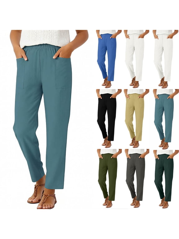 Fall Womens Pant Solid Pleated Elastic Waist Linen Feel Pocket Casual Trousers